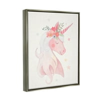 Stupell Industries Pastel Smiling Unicorn ružičasti cvijet cvjetova Crown Crown Graphic Art Sjaster siva plutajuća