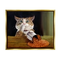 Stupell Industries prolio grah šaljiva mačka kuhinja slika životinja slika metalno zlato plutajuće uokvireno platno