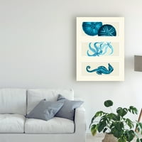 Likovna umjetnost s potpisom otisak morskog ježa, morske zvijezde i morskog konjića s tri ploče u plavoj boji na