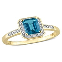 1- Carat T.G.W. Smaragdno izrezan londonski plavi topaz i dijamantni naglasak 14KT žuti zlatni halo prsten