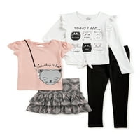 Pink Velvet Girls Grafička majica, majica s dugim rukavima, set odjeće za odjeću za ruffle i gamašce, 4-komad, veličine