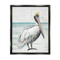 _ Rustikalna ptica Pelikan plaža Obala portretna grafika crno platno s plutajućim okvirom zidni tisak, dizajn Patricia