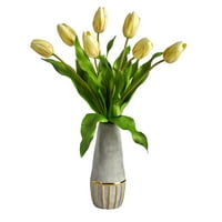 Gotovo prirodno 22in. Nizozemski tulipanski umjetni aranžman u kamenčanom vazi s obrezivanjem zlata